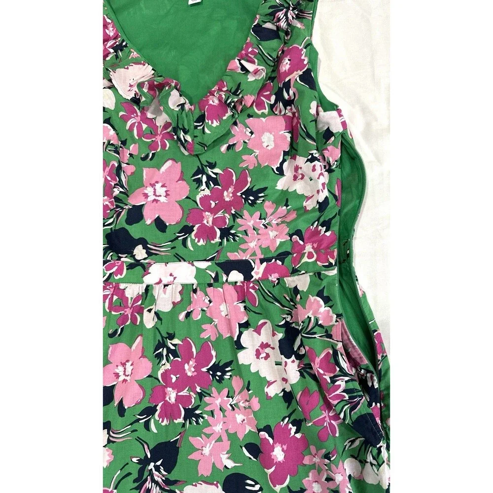 J. Crew Ruffle V-Neck Midi Dress Green Pink Size 2 Floral 100% Cotton Lined - Picture 6 of 9